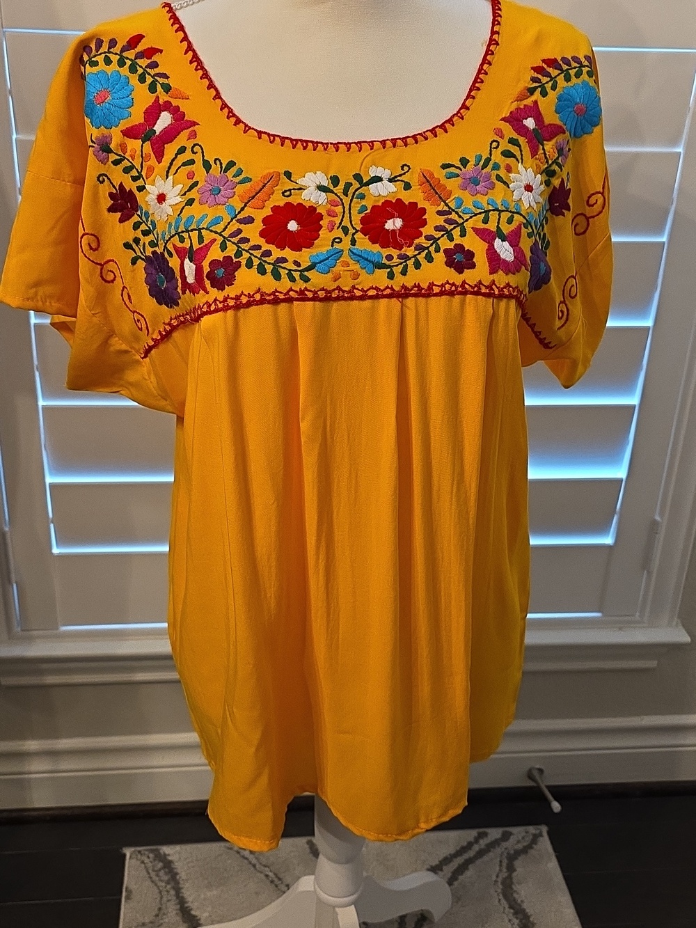 Embroidered Yellow Peasant Blouse with Floral Yoke